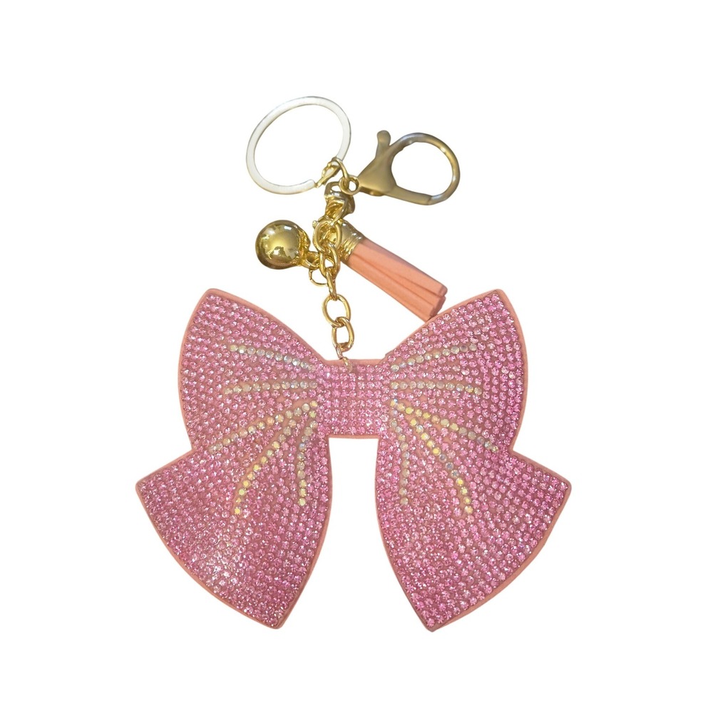 Pink Rhinestone Bow Keychain Gold Tone Tassel Bell‎ Bag Charm Coquette Accessory